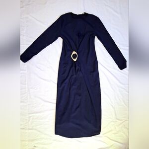 Zara Limited Edition Draped Navy Blue Long Sleeve Midi Dress With Buckle Size M